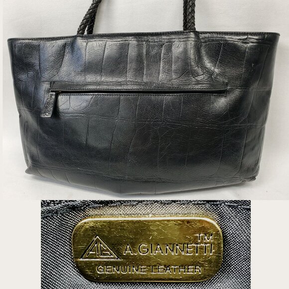 💲⬇️A.Giannetti Black Croc Embossed Leather Shoulder Tote 3 Comp Braided Handles - Picture 2 of 13